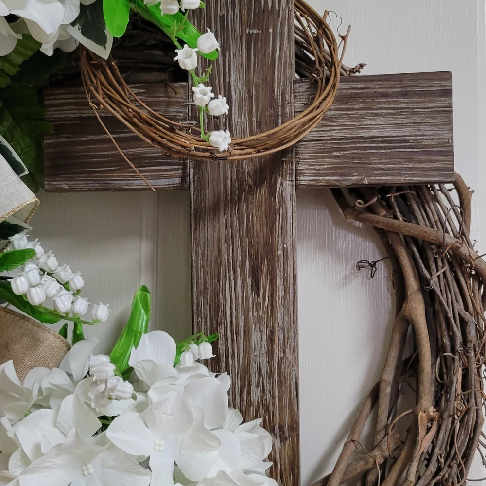 White Hydrangea and Greenery Decorative Door Wreath with Burlap Ribbon